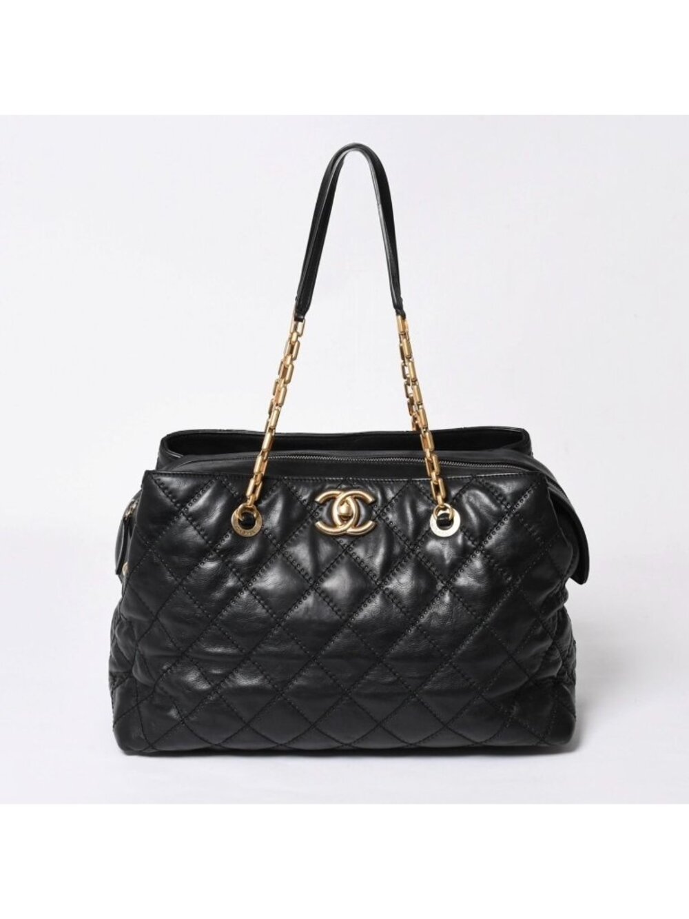 Chanel Chain Tote Bag CC Logo Quilted Leather Black Gold